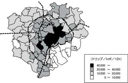 区部自動車集中交通量密度全車種・昼間12時間（7時～19時）